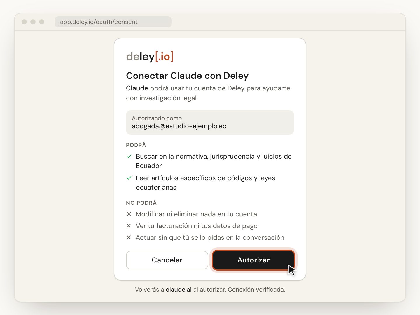 La pantalla de Deley para autorizar el conector: qué podrá hacer y qué no.