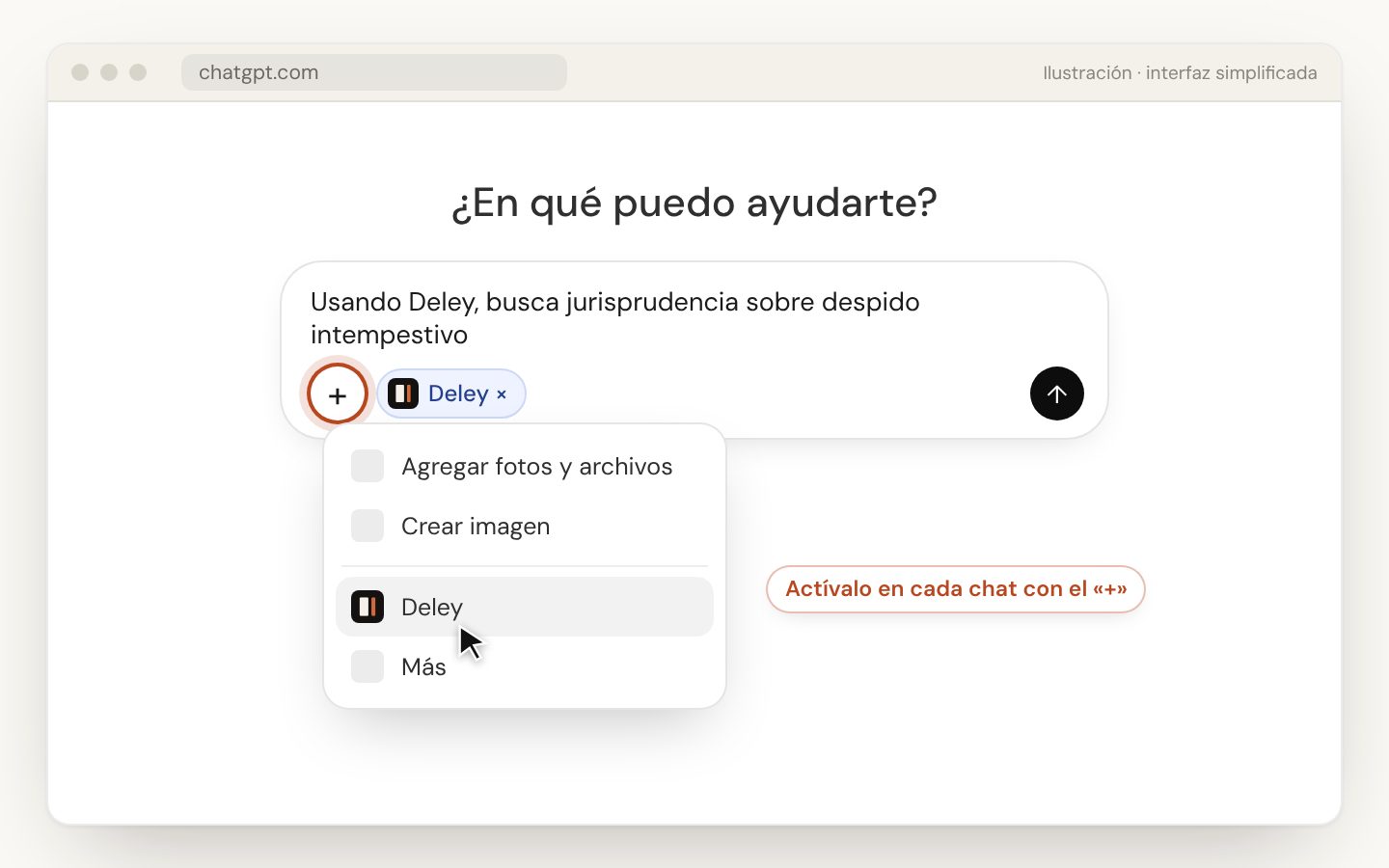 El menú + de ChatGPT con Deley seleccionado para la conversación (ilustración).
