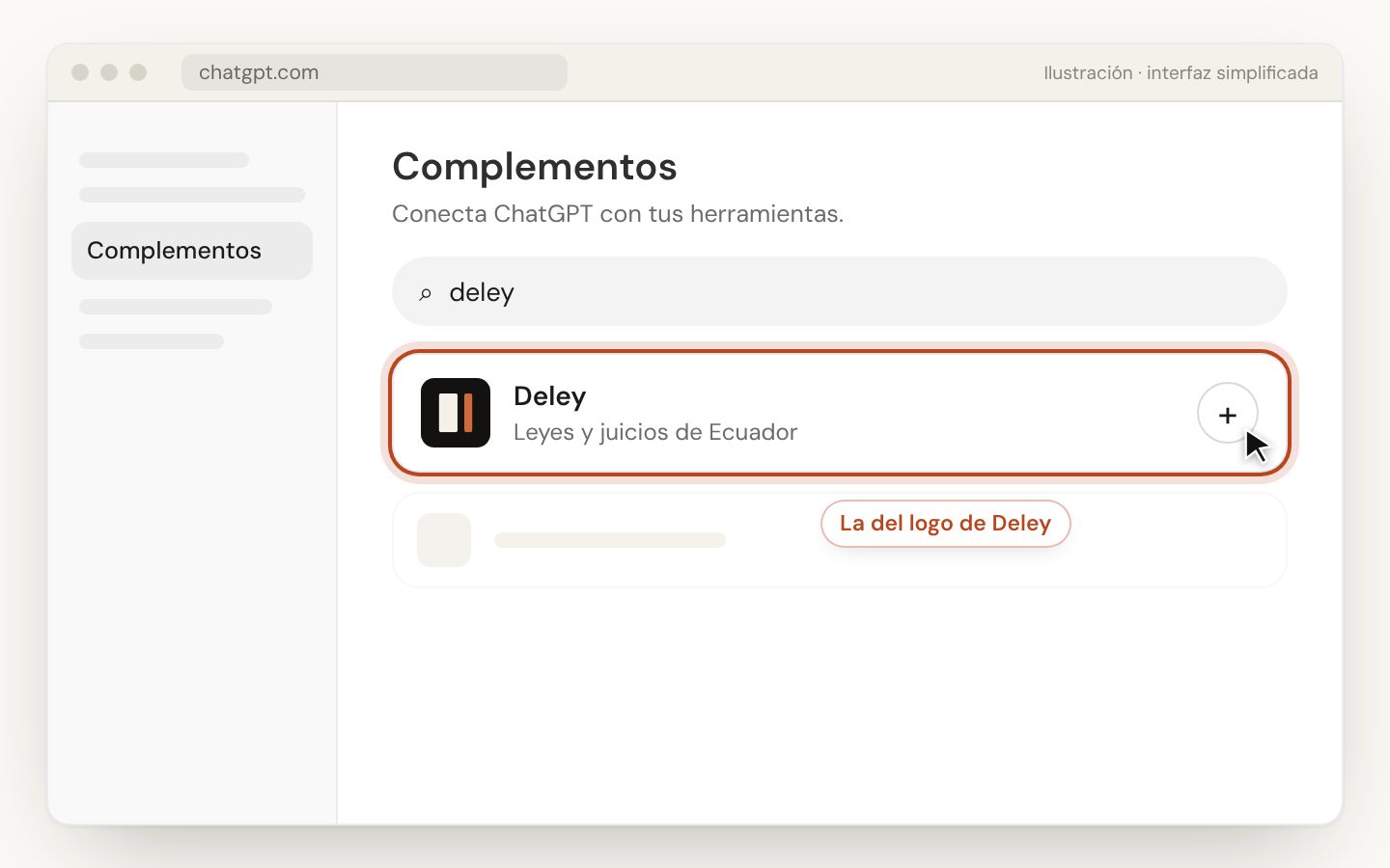 La tarjeta de Deley en los Complementos de ChatGPT, con el botón + (ilustración).
