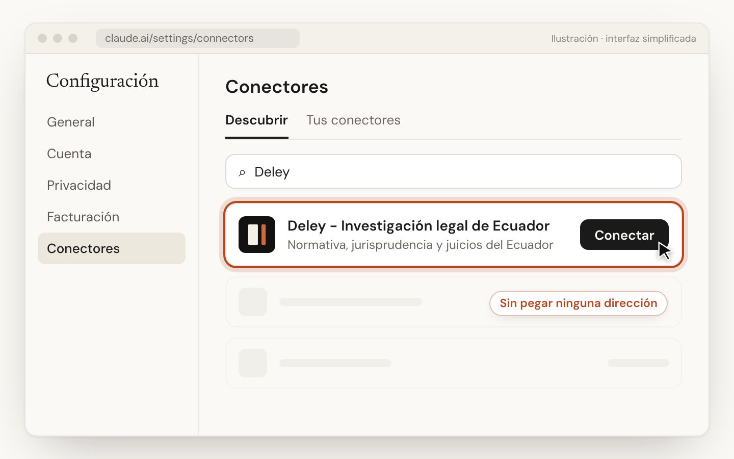Deley en el directorio de conectores de Claude, con el botón Conectar (ilustración).